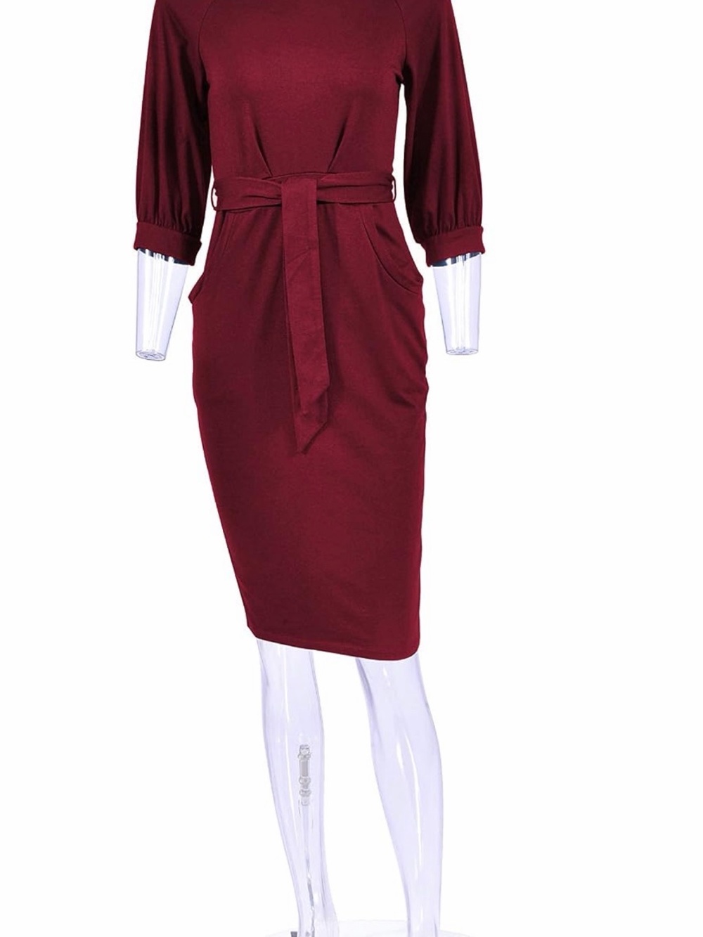 Classic Belted Midi Sheath Dress in Burgundy
